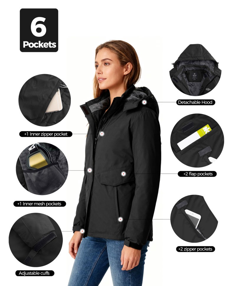 wantdo Women's Warm Ski Coat Fleece Winter Jacket Waterproof Jackets Mountain Parka Black XL - Image 5